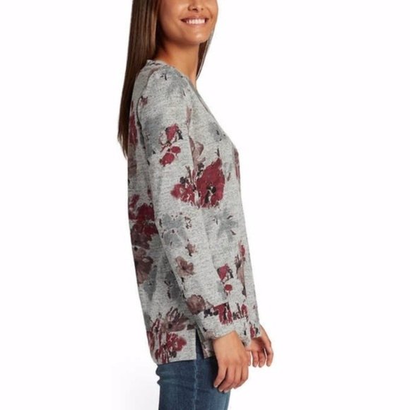 ELLEN TRACY Gray Romance Floral V-Neck Long Sleeve Tunic Top - NWT - Picture 3 of 3